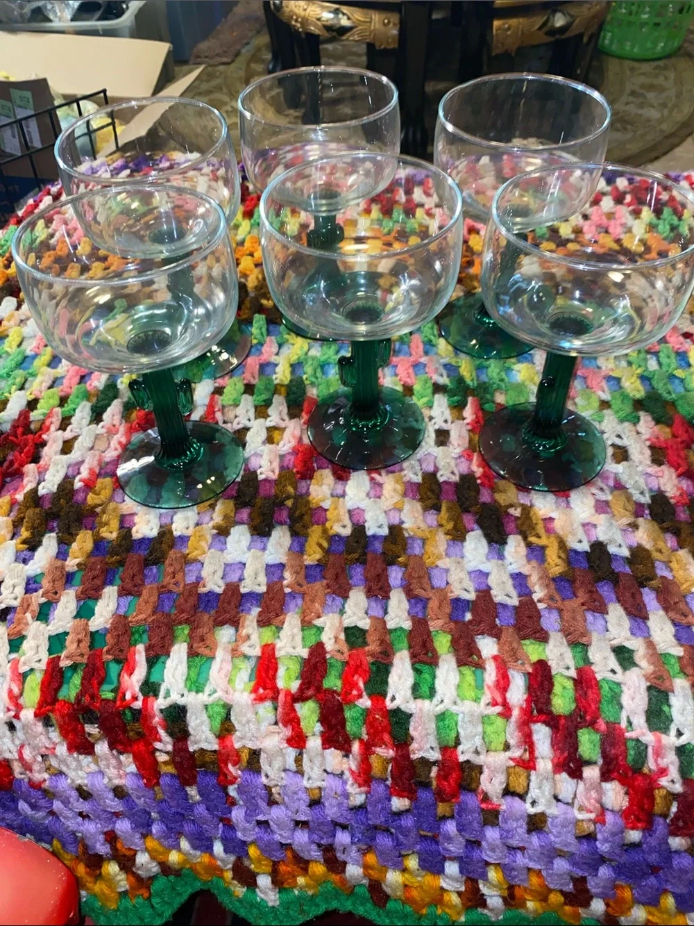 Vintage Cactus Green-Stem Clear Goblets - Set of 6